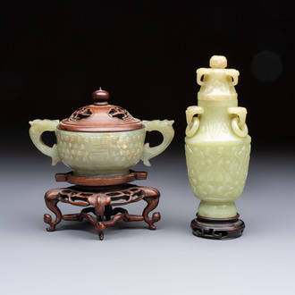 A Chinese celadon jade covered vase, with wooden stand, and a bowl with wooden cover and stand, 19/20th C.