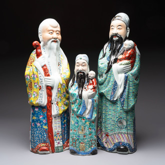 Three Chinese famille rose figures of the star gods, Mao Ji Sheng 茂記生 and You Long Sheng 游隆盛 mark, 19/20th C.