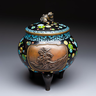 A fine Japanese cloisonné tripod censer and cover with a mythical-animal-form finial, Meiji, 19th C.
