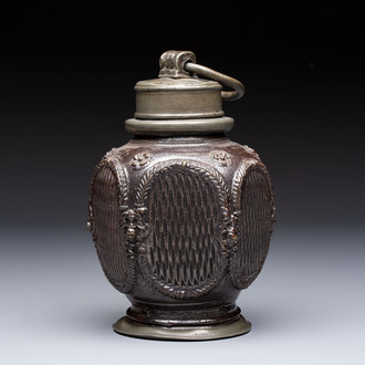 A stoneware pewter-mounted screw cap bottle, probably Muskau, Germany, 18th C.