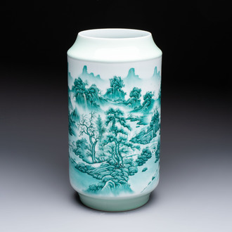 A fine Chinese green-enamelled vase with landscape design, Hui Yuan Tang Zhi 慧遠堂製 mark, dated 1943