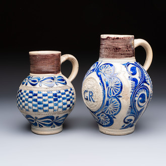 Two Westerwald stoneware jugs, one inscribed 'GR', Germany, 18th C.