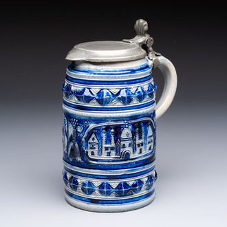 A Westerwald stoneware tankard with a mounted pewter lid, Germany, 18th C.
