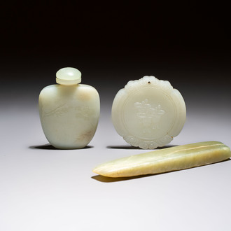 A Chinese celadon jade snuff bottle, a plaque and a ritual stick, Han and later