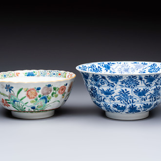 A Chinese blue and white bowl with floral design and a famille verte bowl, Kangxi