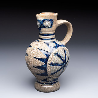 A Westerwald stoneware jug with moulded design, Germany, 17th C.