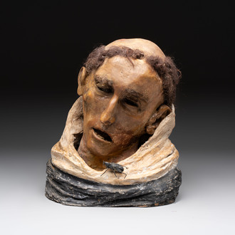 A macabre polychrome life-sized wax sculpture of a deceased monk, Italy, 19th C.