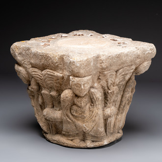 A carved figurative sandstone capital, France or Spain, possibly 14th C.