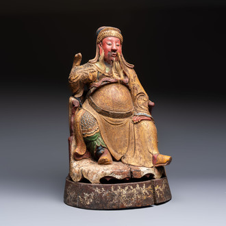 A large Chinese gilt-lacquered and polychrome wooden figure of Guandi, 19th C.