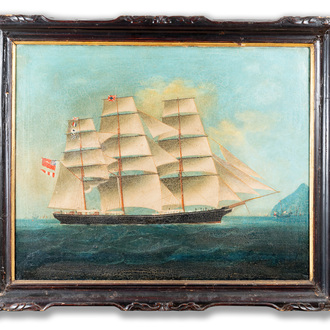 Canton school: 'A British Merchant Vessel at Sea', oil on canvas in original Chippendale-style frame, 1st half 19th C.