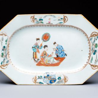 A Chinese gilt-decorated famille rose armorial dish with the arms of Gordon quartering Forbes for the English market, Qianlong, ca. 1745
