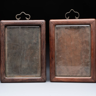 A pair of fine Chinese hongmu frames with bronze mounts, 19th C.