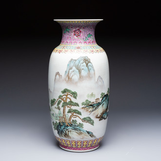 A Chinese famille rose 'Landscape' vase, Qianlong mark, 20th C.