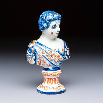 A polychrome Dutch Delft male bust of a Roman emperor or general, early 18th C.