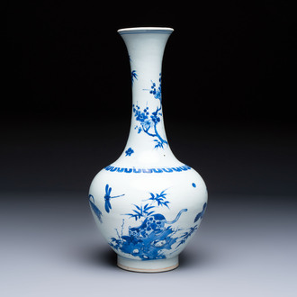 A rare Chinese blue and white 'Cat and Butterfly 耄耋' bottle vase, Transitional period