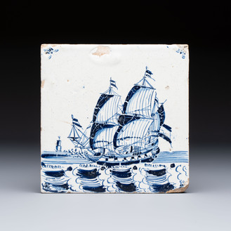 A large blue and white Dutch Delft 'Ship' tile, 17th C.