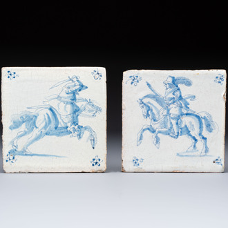 Two blue and white Dutch Delft 'Horsemen' tiles, 17th C.