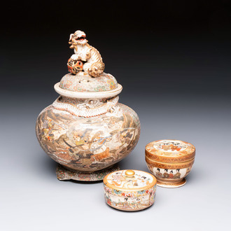 A Japanese Satsuma koro and two covered boxes, Satsuma yaki, Kusube and Hododa mark, Meiji, 19th C.