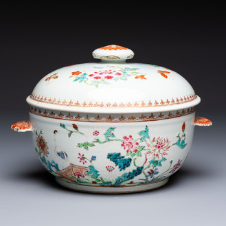 A Chinese famille rose ‘Crane in a Garden’ tureen and cover, Qianlong