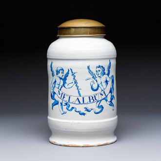 A rare large blue and white Dutch Delft albarello and cover inscribed 'MEL ALBUM', 18th C.