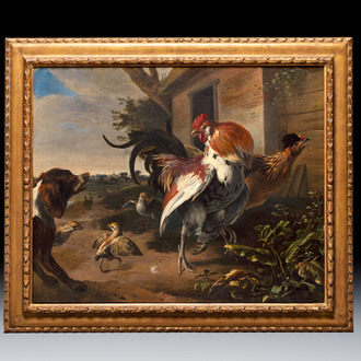 Melchior d'Hondecoeter (1636-1695): 'Poultry Startled by a Spaniel', oil on canvas, signed, 17th C.