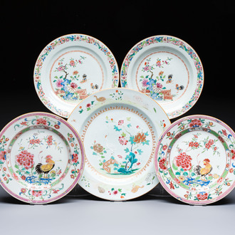 Four Chinese famille rose 'Roosters' plates and a 'Crane' dish, Qianlong