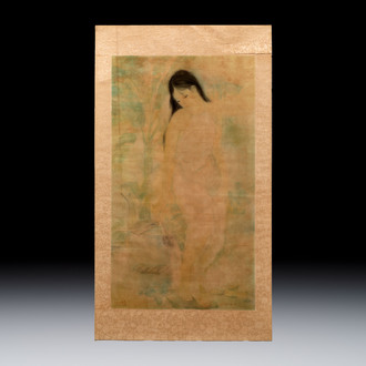 Attributed to Nguyen Gia Tri (1908-1993): 'Bather', ink and watercolour on silk, Tien Sa, dated 1st Jan. 1974