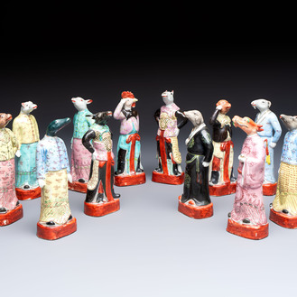 An exceptional complete set of twelve Chinese famille rose zodiac figures, Ge Yi Tai Zao 戈益泰造 marks, Republic