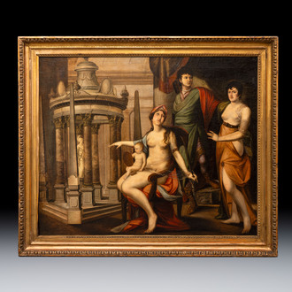 Circle of Jacques-Louis David (1748-1825): 'Amor & Aphrodite at the Shrine of Athena', oil on canvas, dated 1818