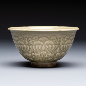 A Chinese carved Yaozhou celadon-glazed bowl with floral design, Jin
