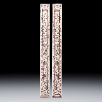 A pair of manganese Dutch Delft 10-piece tile pillars, 18th C.