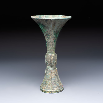 A Chinese archaic bronze wine vessel, Gu 觚, Shang