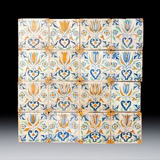 16 polychrome Dutch Delft 'Tulip Heart' tiles, 17th C.