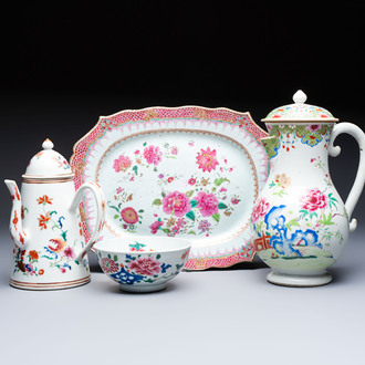 A Chinese famille rose covered ewer, a covered chocolate pot, a bowl and a dish, Qianlong