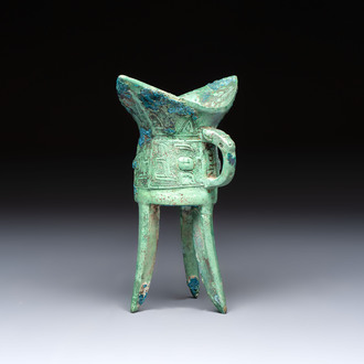 A Chinese archaic bronze wine vessel, Jiao 角, Shang/Zhou