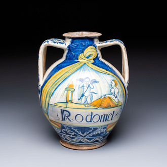 An unusual large polychrome Italian maiolica two-handled 'Cupid and Psyche' wet drug jar inscribed 'Rodomel', probably Florence, early 16th C.