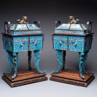A pair of Chinese cloisonné 'Fangding' censers and covers with Taotie design on carved wooden stands, 19th C.