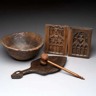 Two wooden Gothic panels, a bowl, board and a gaffel, 15th C. and later