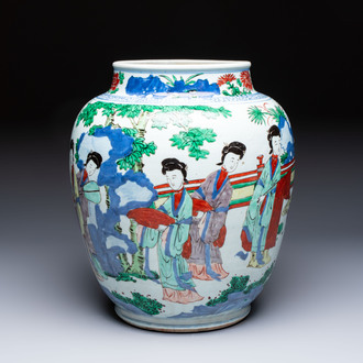 A Chinese wucai 'The Birthday Celebration of Xi Wang Mu' jar, Transitional period