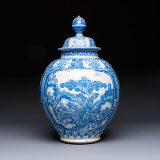 A large blue and white Dutch Delft chinoiserie vase and cover, 17th C.