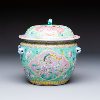 A Chinese famille rose turquoise-ground 'Kamcheng' bowl and cover for the Straits or Peranakan market, 19th C.