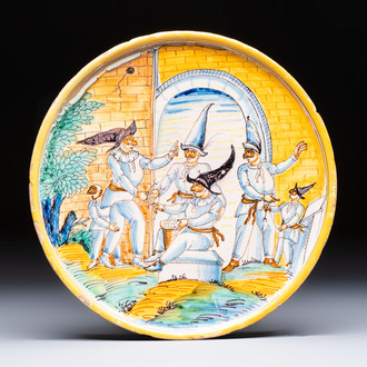 A large Italian maiolica 'Venerdì Gnoccolare' tazza, Naples or Deruta, 17th C.