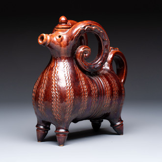 A brown-glazed stoneware ewer and cover in the shape of a ram, impressed mark, Opishne, Ukraine, early 20th C.