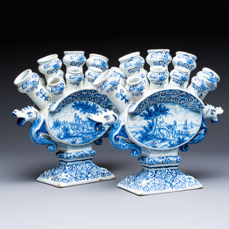 A pair of large blue and white Dutch Delft tulip vases, 19th C.