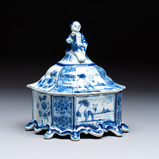 A blue and white Dutch Delft tobacco box and cover, 18th C.