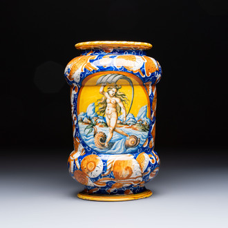 A large polychrome Italian maiolica 'Fortuna' albarello, Casteldurante or Pesaro, ca. 1580