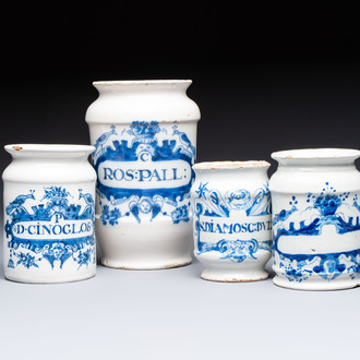 Four blue and white Dutch Delft pharmacy jars, 18th C.