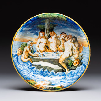 A fine Italian maiolica 'Triumph of the Sea Gods' dish, probably workshop of Orazio Fontana, Urbino, 3rd quarter 16th C.