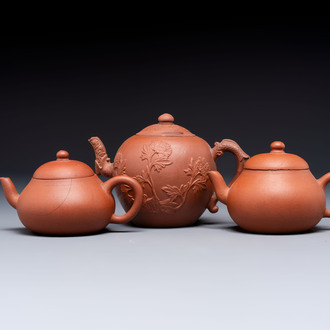 Three Chinese Yixing stoneware teapots, Chen Ziwen 陳子文 and Wen Cai 文彩 mark, Kangxi and later