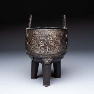 A Korean silver-inlaid iron 'He Lu Tong Chun 鶴鹿同春' tripod censer, Joseon, 18th C.
